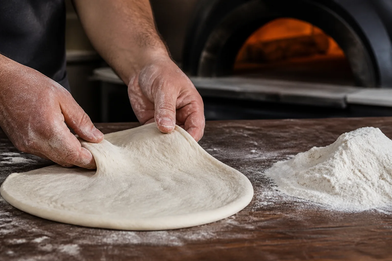 Flour-dusted hands gently opening a round of pizza dough beside a hot oven