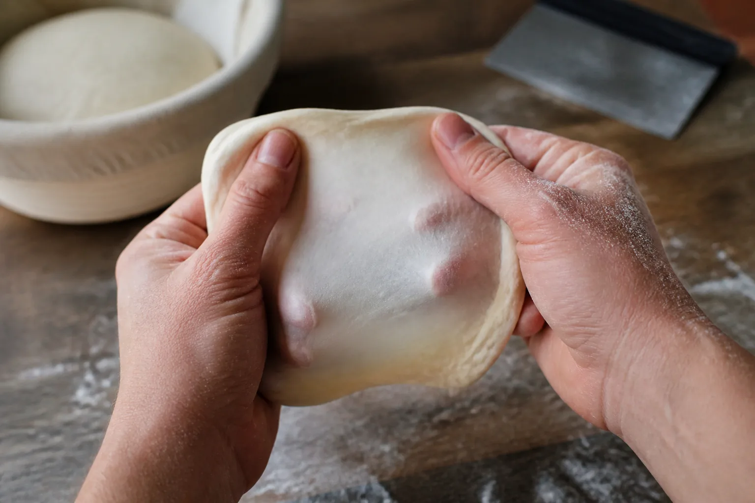 A baker stretching pizza dough thin enough for light to pass through