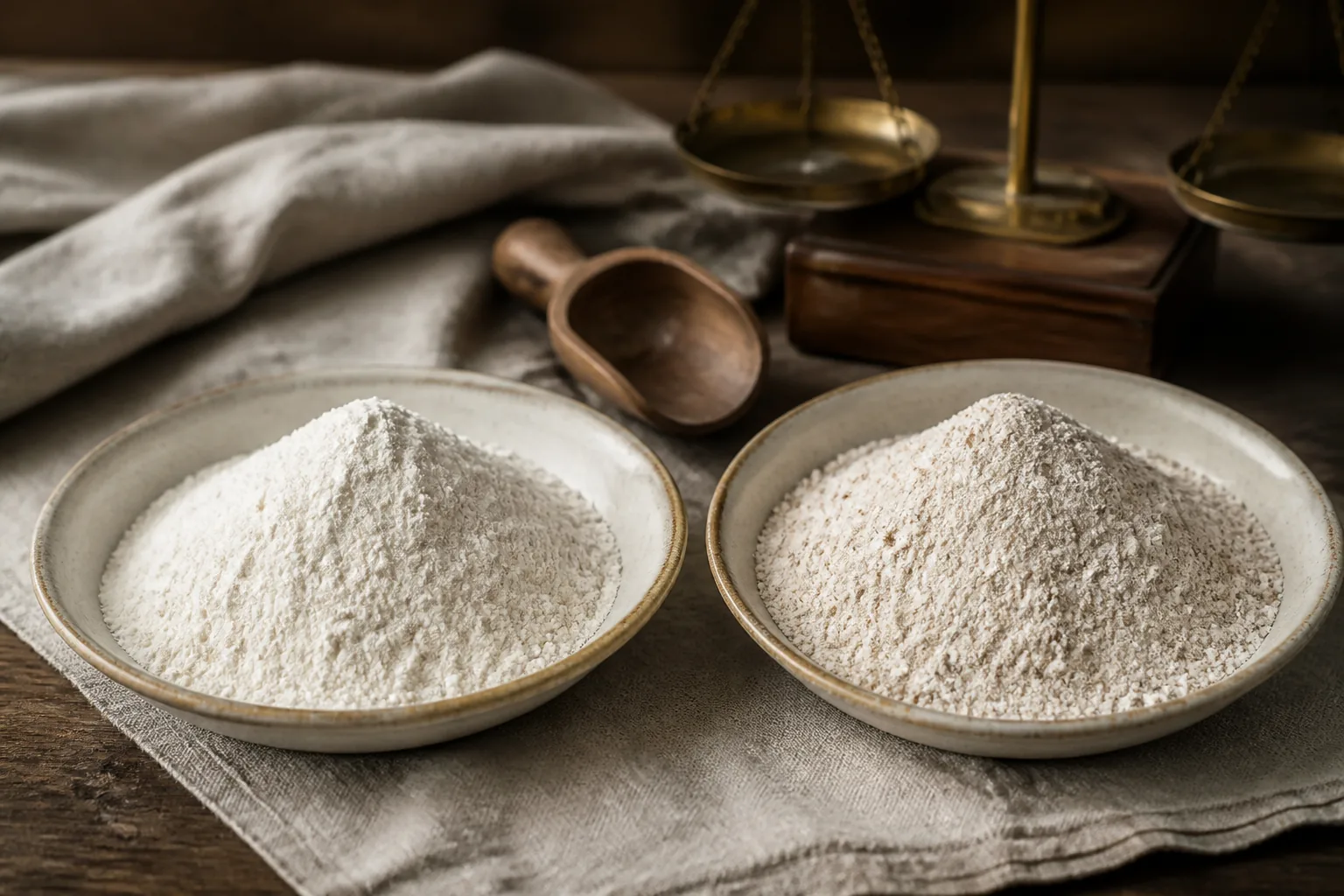 Very white refined flour and slightly darker speckled flour in two ceramic dishes