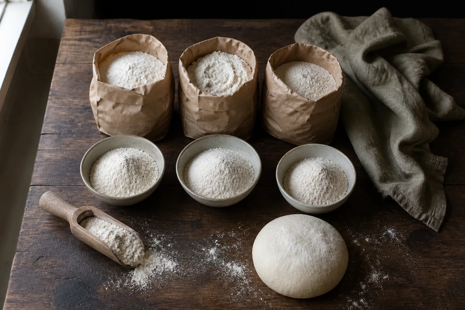 Open flour bags and bowls of different wheat flours beside a pizza dough ball